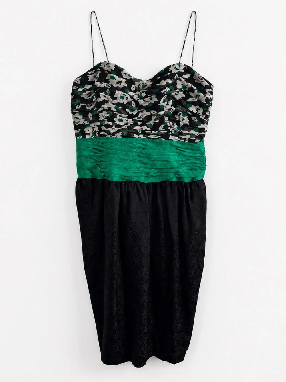Vintage Terri John Rickie Freeman Silk Black Green Floral Cocktail Dress SZ 10 - Picture 3 of 7
